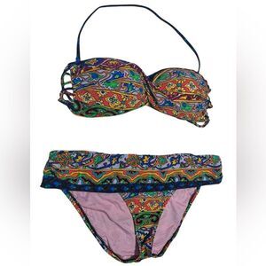 Nanette Lepore Strapless Bikini Boho Multicolor Paisley Print Halter Swimsuit